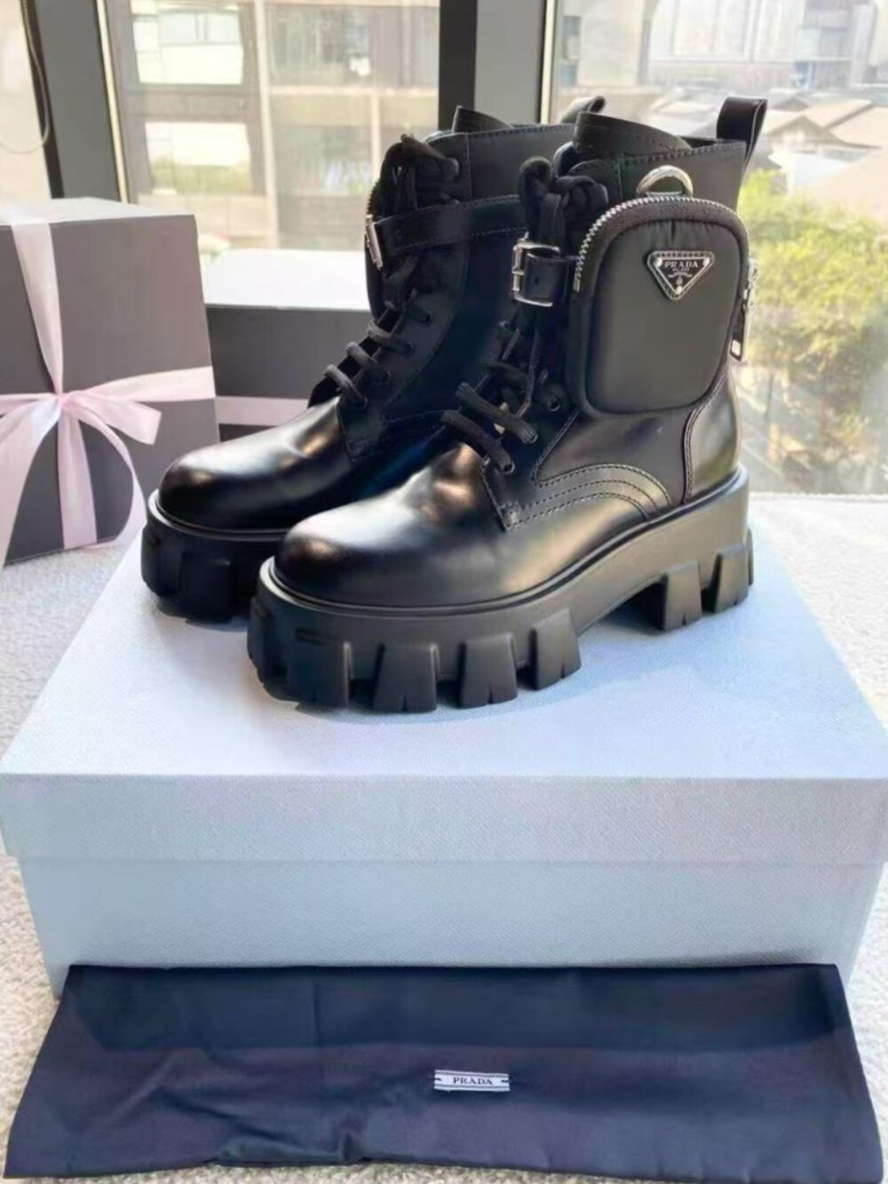 Prada Monolith Pocket Combat Boots Black Leather Chunky Sole